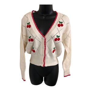 Jessica Simpson cream pink scalloped trim cherry embroidered cardigan size M new